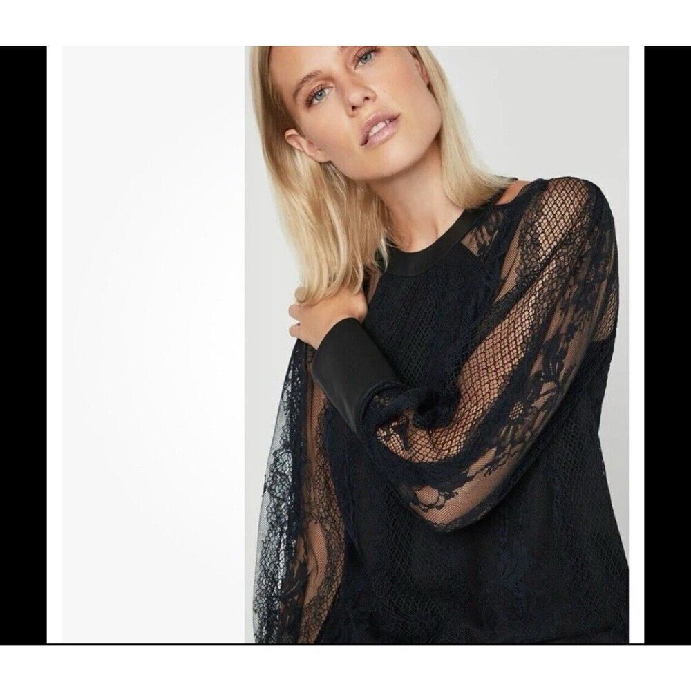 Bcbgmaxazaria Top Black Lace Long Sleeve‎ Size M Faux Leather Trim